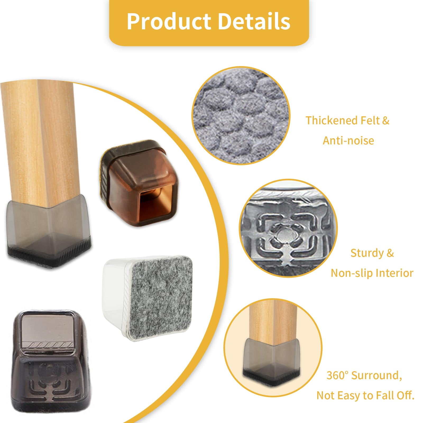 Flyshop 8PCS Durable Square Chair Leg Caps with Felt Pads Prevent Scratches Reduce Noise Protective Caps Felt Furniture Pads Floor Protectors, Light Grey, Large: 35 to 40mm