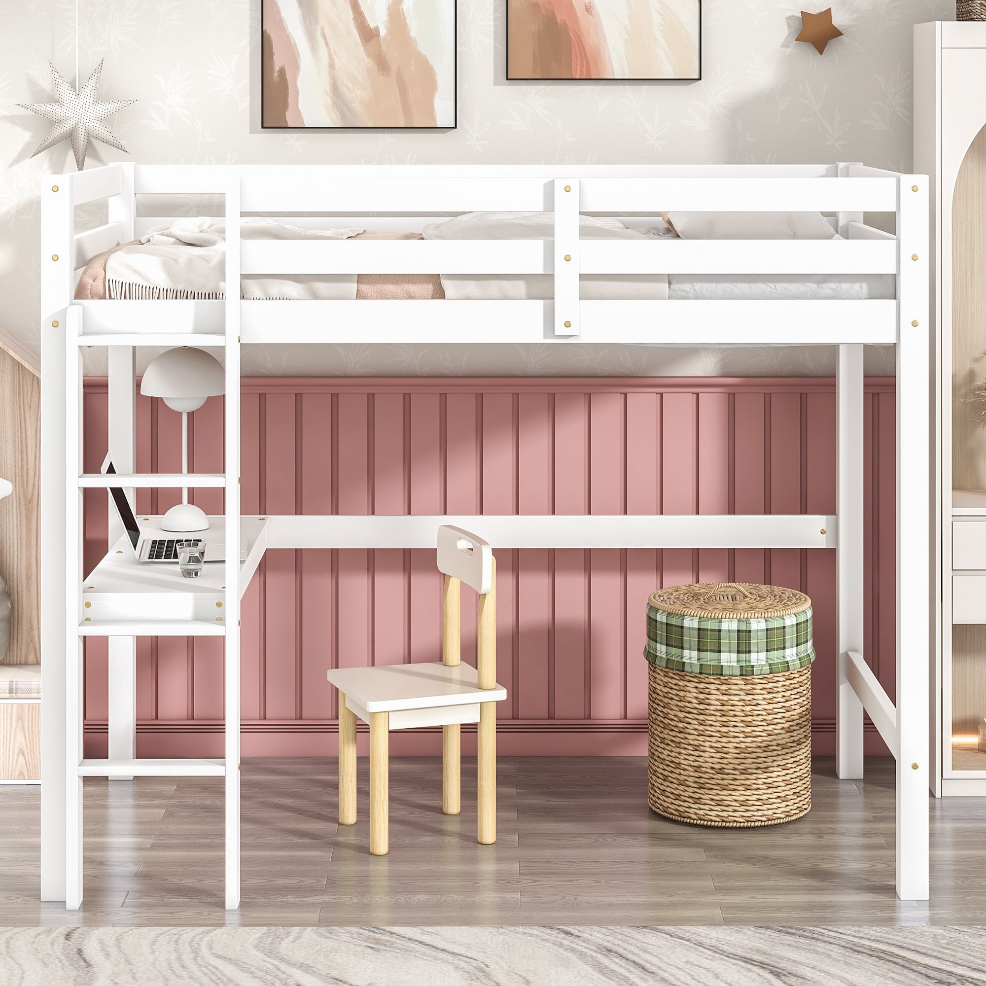 Aukfa Kids Twin Loft Bed Wood Frame with Desk Pine and Heavy Duty White