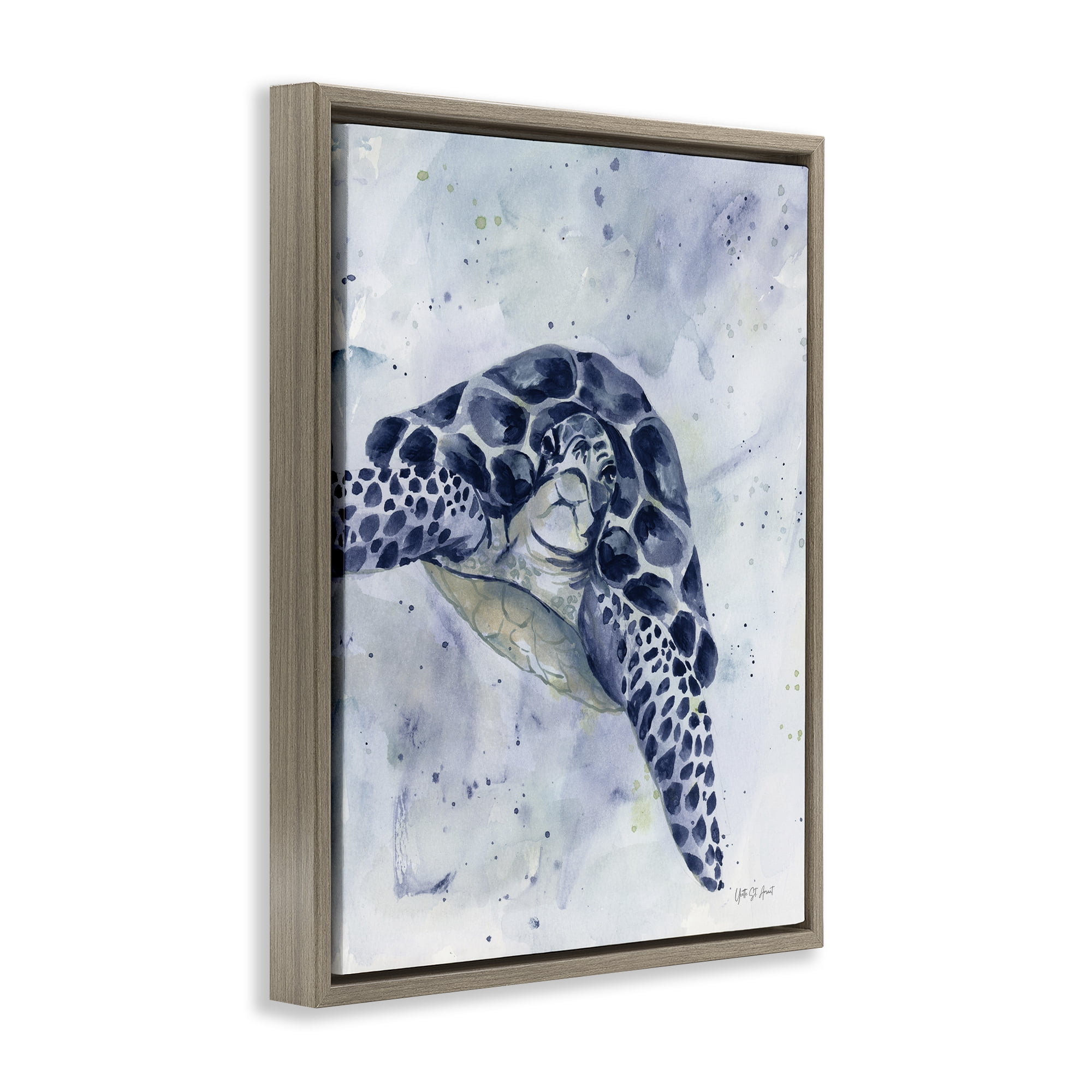 Stupell Industries Swimming Blue Turtle Animals & Insects Painting Brown Floater Framed Canvas Art Print Wall Art, 25 x 31