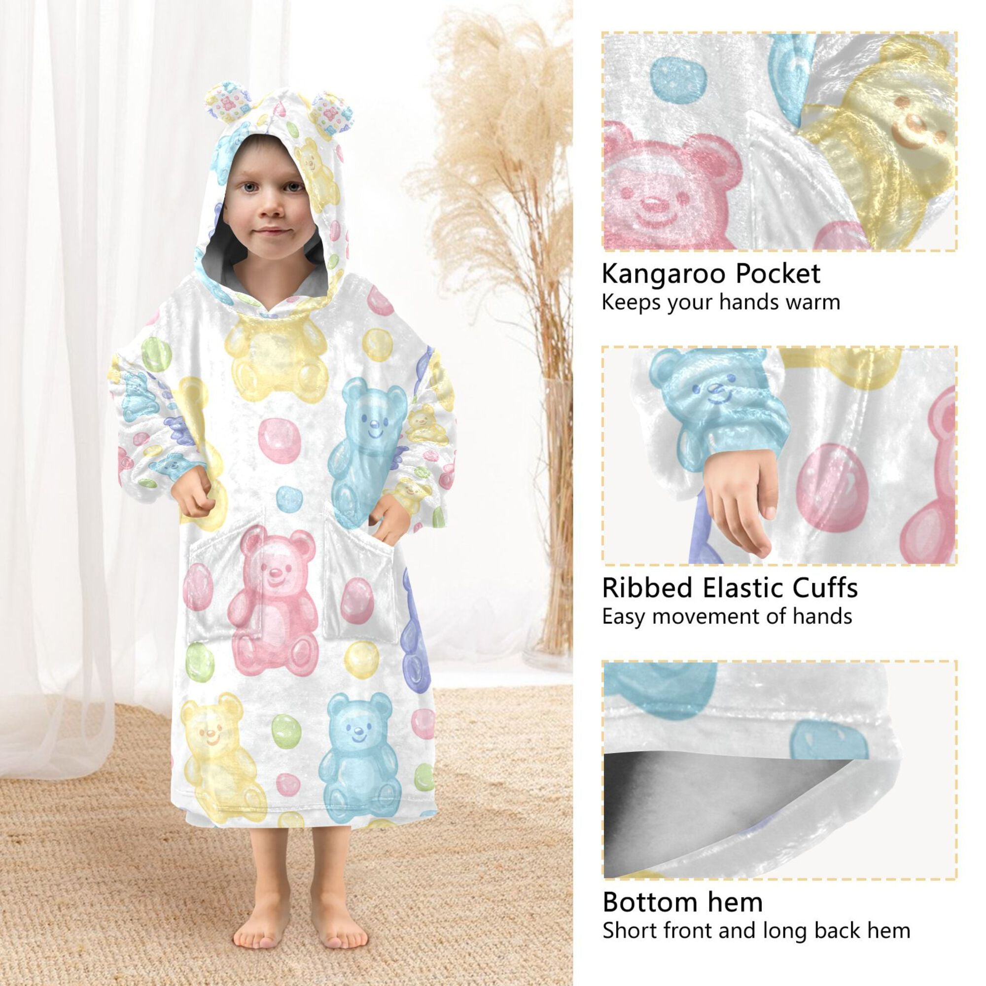 FORMRS Wearable Blanket Hoodie with Sleeves for Kids Cozy Flannel Sweatshirt, Colorful Gummy Bears Pattern