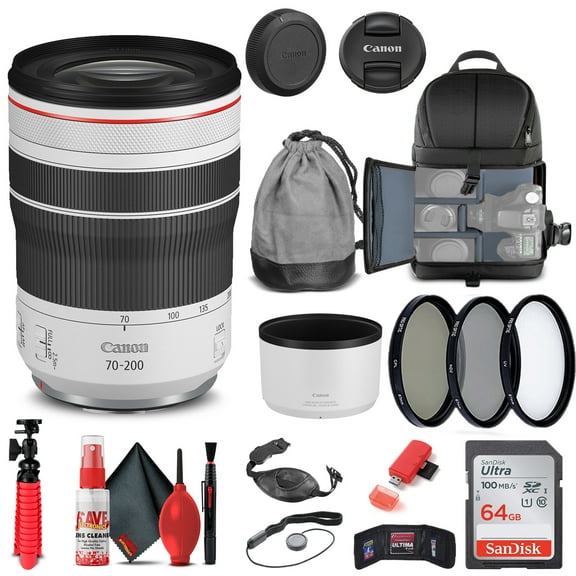Restored Canon RF 70-200mm f/4L IS USM Lens (4318C002)   Filter Kit   BackPack   64GB Card   Card Reader   Flex Tripod   Memory  Wallet   Cap Keeper   Cleaning Kit   Hand Strap   More (Refurbished)