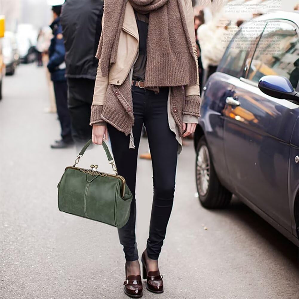 Handbag for Women Leather Shoulder Bag Kiss Lock Top Handle Satchel Purse Vintage Crossbody Bag Evening Clutch Purses