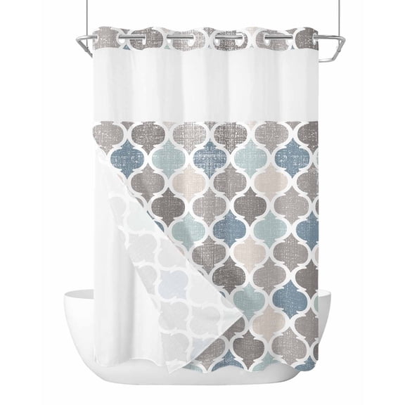 No Hook Shower Curtain with Snap-in Liner, Teal Blue Grey Geometric Waterproof Fabric Bathroom Curtains, Morocco Abstract Art Bath Curtains & Mesh Top Window Stand Up Stall 72"x96" Extra Long
