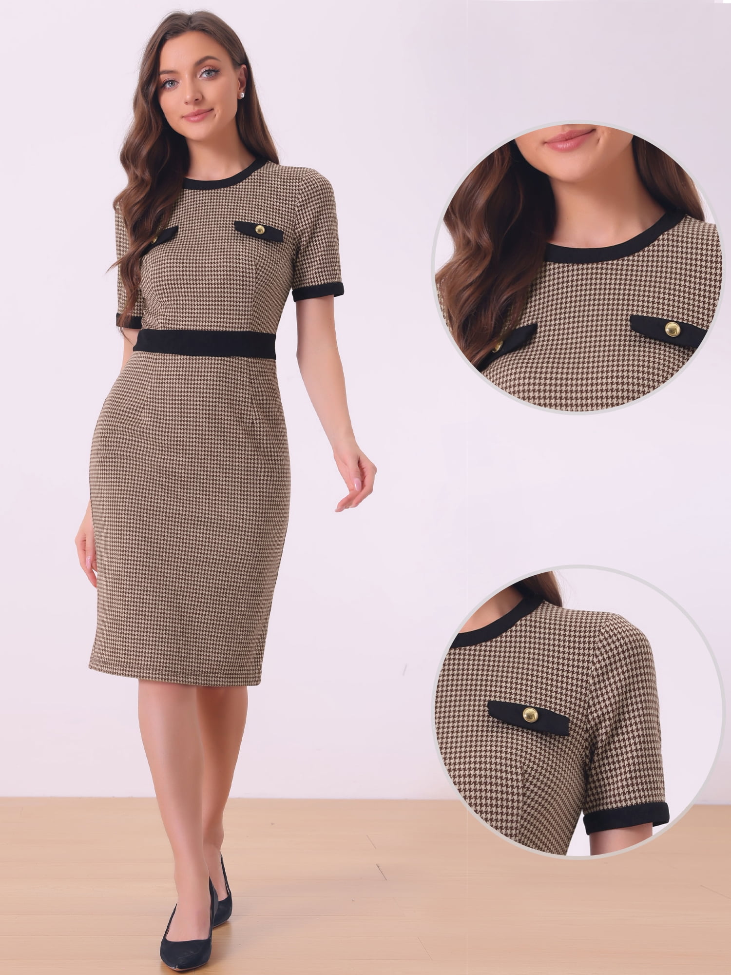DARING DIVA Houndstooth Plaid Pencil Sheath Work Dress S Brown