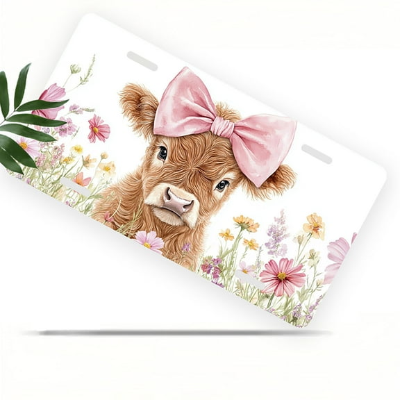 License Plate, Flower surrounded Calf Decorative Front,Personalized Stainless Steel License Plate Cover For Men Women,12.2" X 6.2"