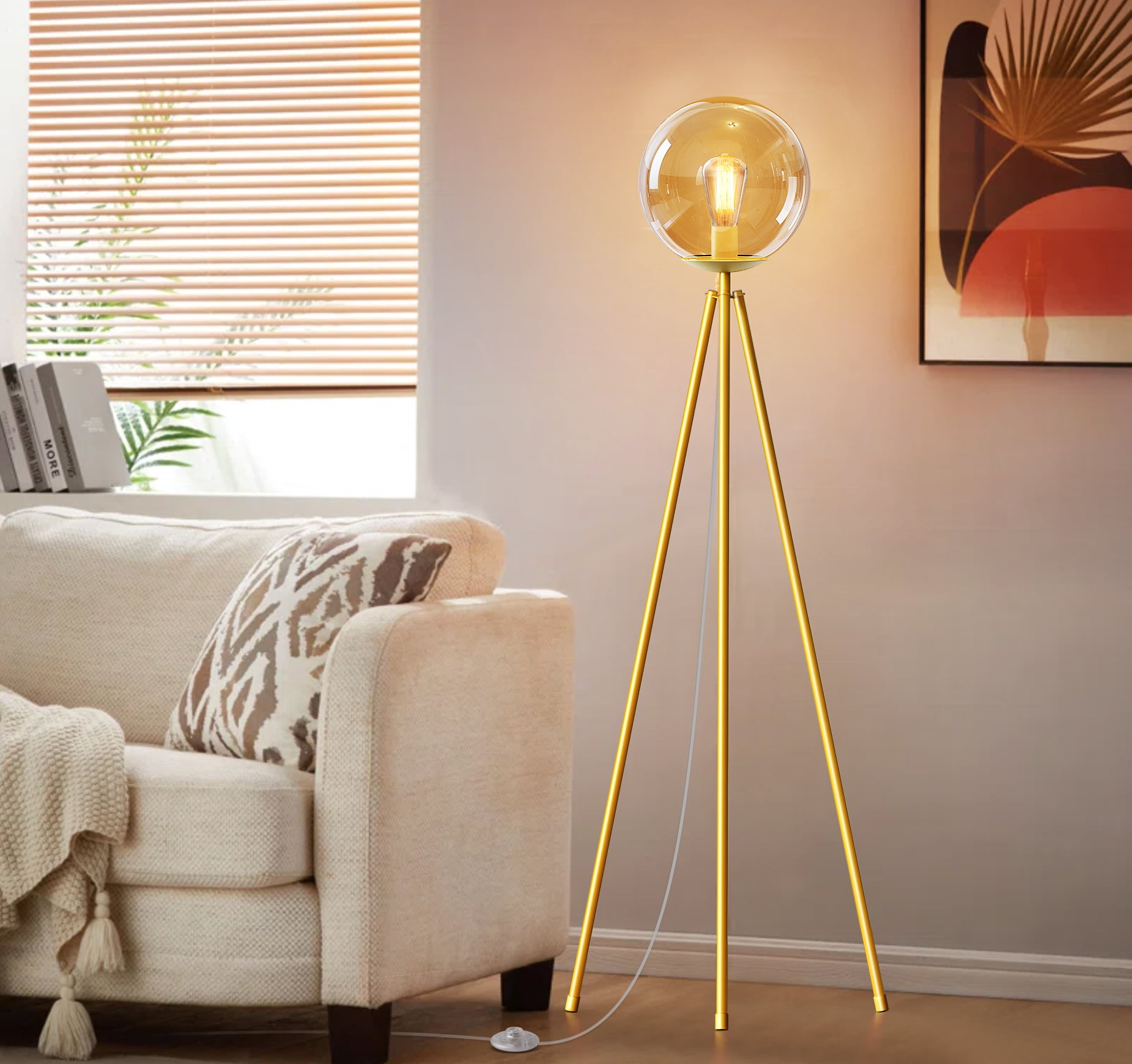 Tripod Floor Lamp for Living Room with Footswitch, Standing Lamp Tall Industrial Floor Lamp Reading for Bedroom, Office (6W LED Bulb and Tea-color Lampshade Included) -Gold