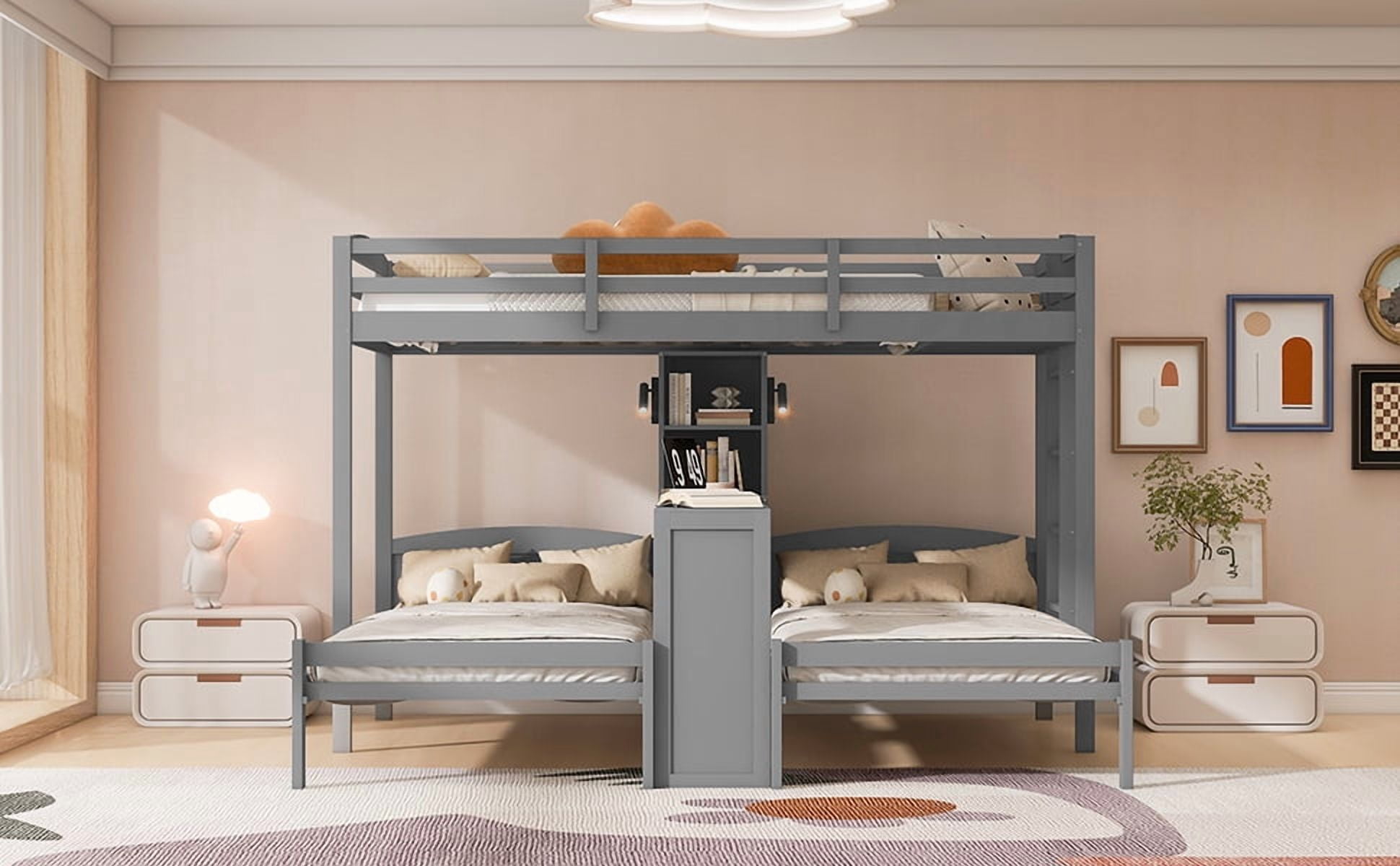 Mintazer Twin over Twin over Twin Bunk Bed with Desk, Bunk Bed with Reading Lamp and Storage Shelves, Gray