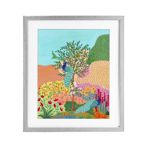 Stupell Industries Eclectic Peacocks in Dotted Meadow Gray Framed Print Under Glass, 13 x 16, by Nabeela Rumi