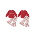 thumbnail image 2 of Toddler Baby Girl Outfits 6 12 18 24 Months 2T 3T 4T Letter Embroidery Long Sleeve Sweatshirt with Heart Pattern Flare Pants Clothing Set, 2 of 9