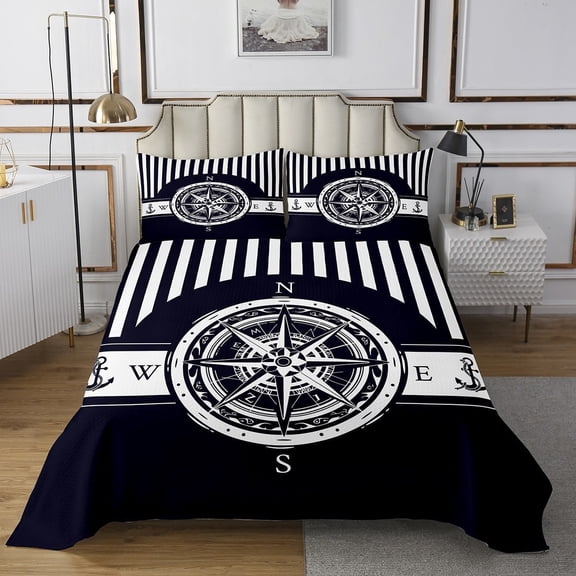Erosebridal Retro Compass Bedspread Sets Queen Size, Nautical Theme Bed Set, 3pcs