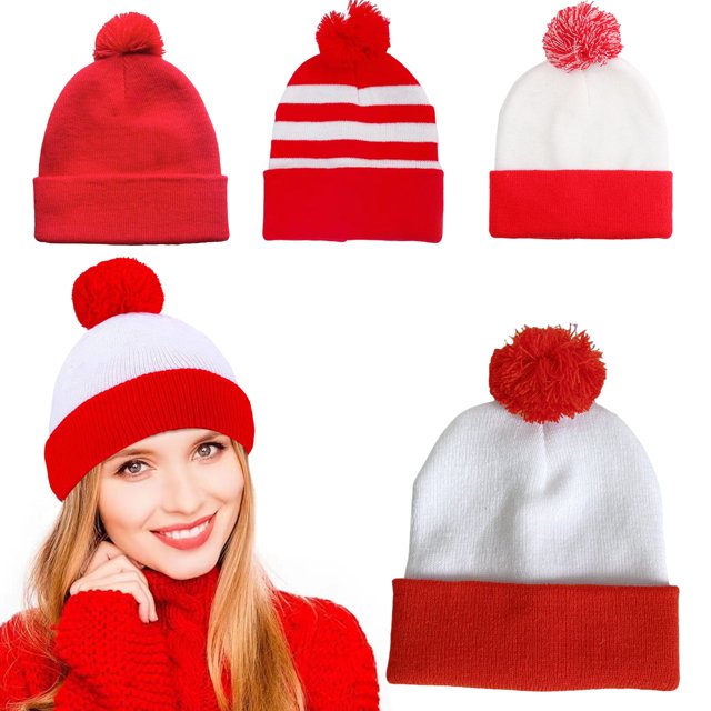 Bonnet Tricoté d'Hiver Contrasté Couleur Pompon Bonnet Extensible à Double Couche pour Temps Froid Accessoire Photo de Noël