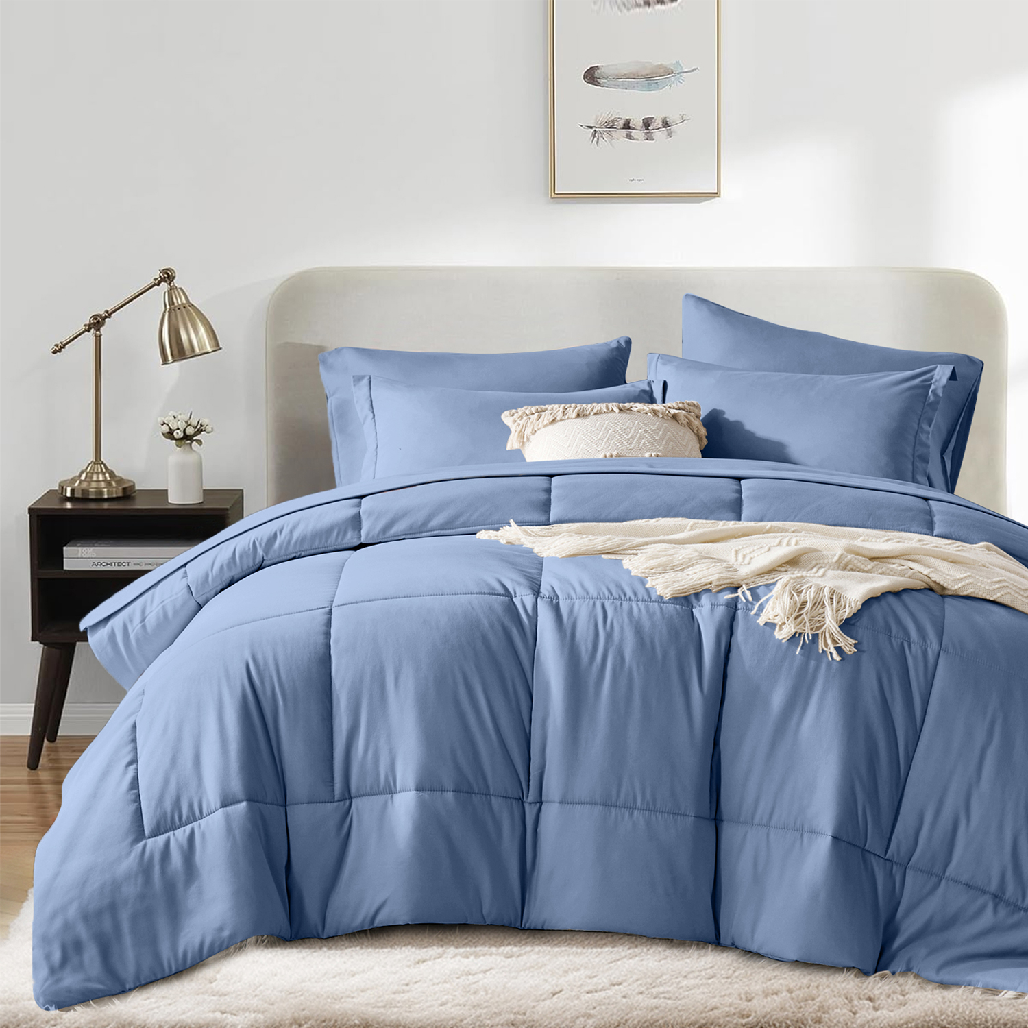 Flymme Full Size Comforter Sets with Sheets Blue Bed in a Bag Full Bed Sets 7 Pieces Modern Soft Microfiber Complete Bedding Sets for Women Man