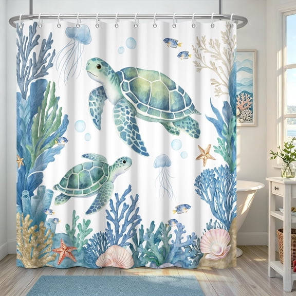 Watercolor Sea Turtle Shower Curtain Ocean Life Coral Reef Fabric Bathroom Decor with Hooks 71x71 Inches