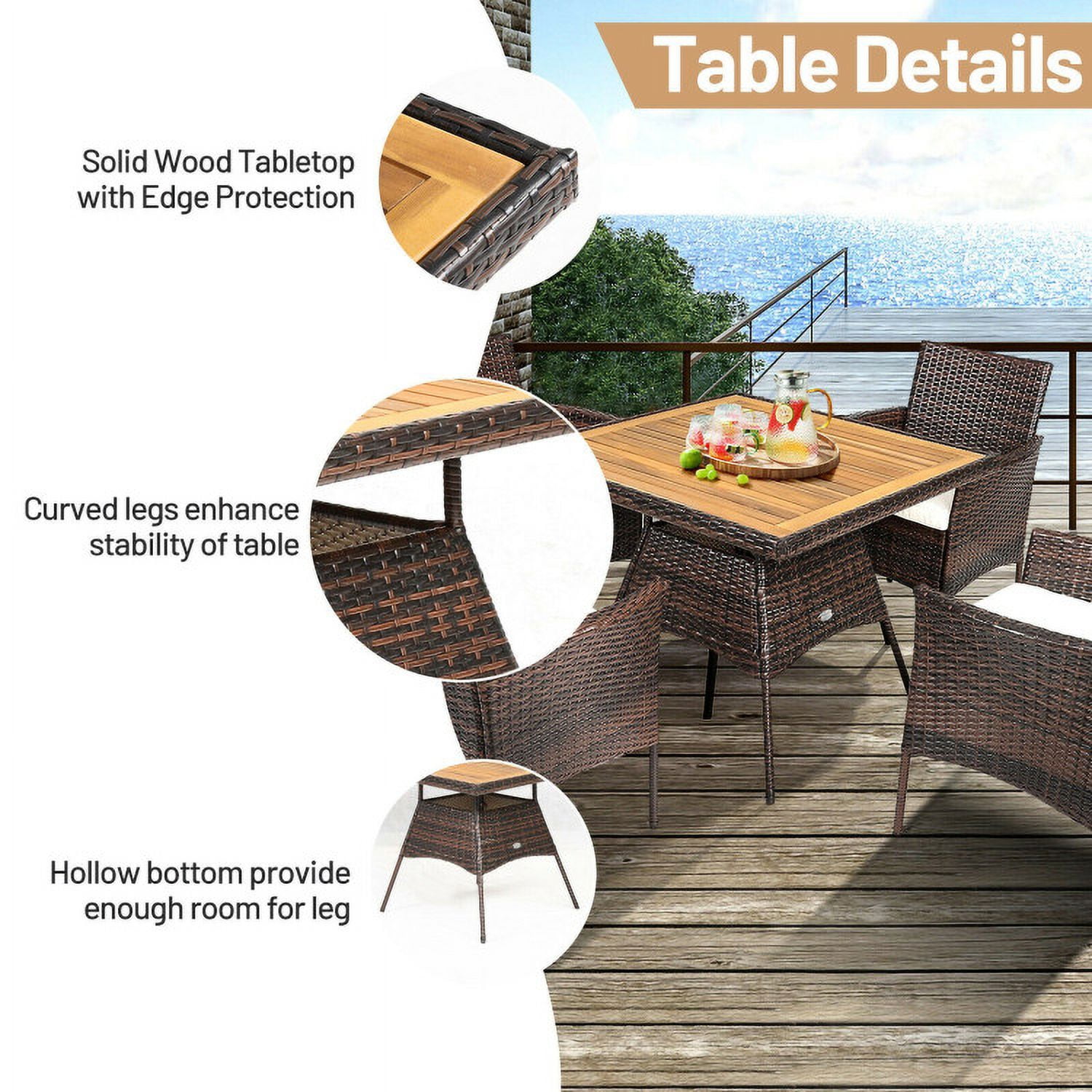 Aimee Lii 5 Pieces Patio Rattan Dining Furniture Set with Arm Chair and Wooden Table Top, Outdoor Patio Furniture