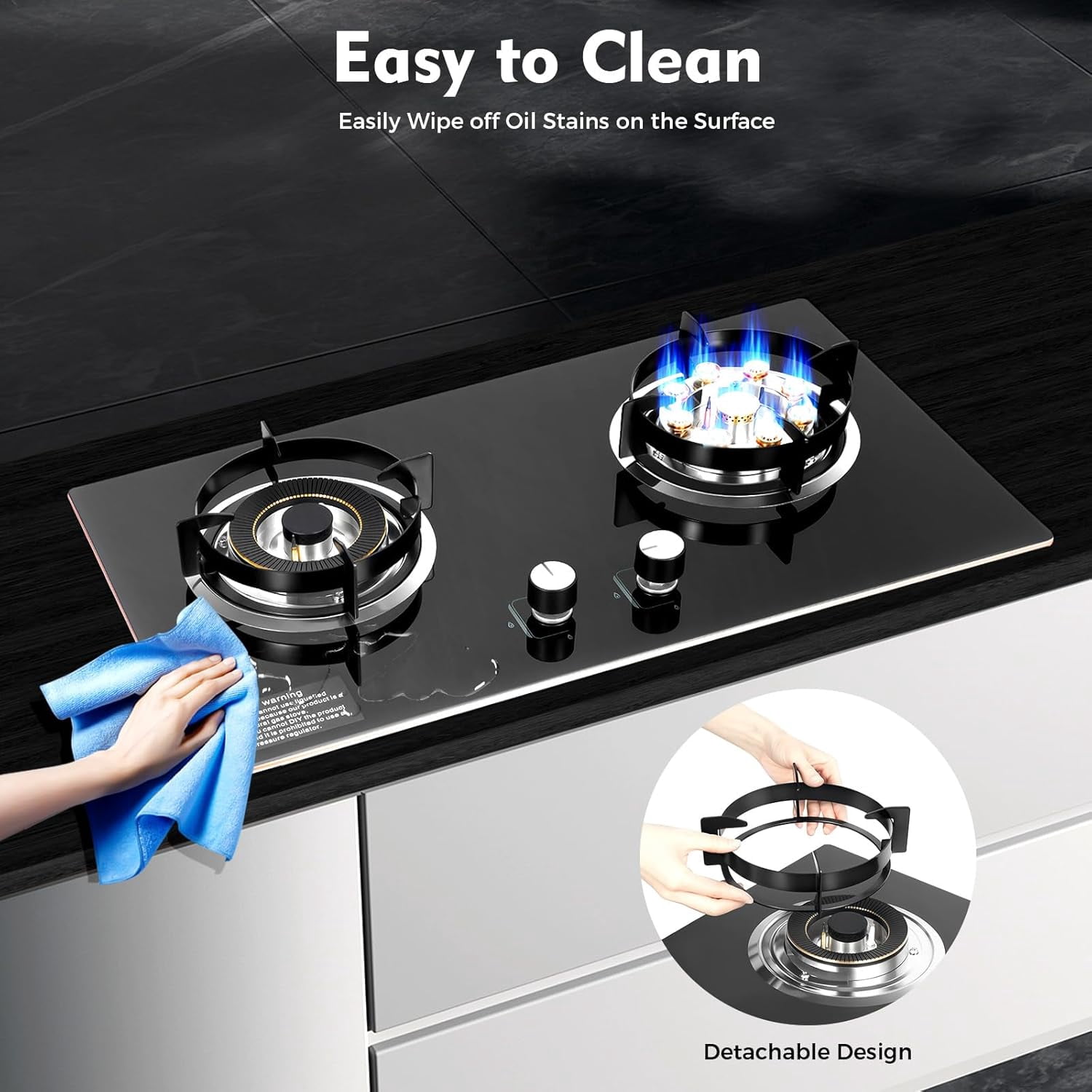 Miumaeov 28.7Inch 2-Burner Natural Gas Stove, Tempered Glass Gas Cooktop, Built-In Gas Stovetop with Ga-s Regulator