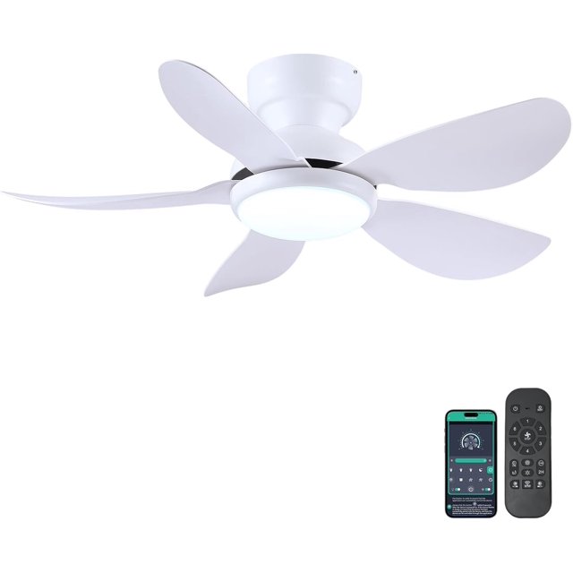 PHORUS 36'' Smart Ceiling Fan with Lights, Modern Flush Mount Low Profile Ceiling Fan, APP & Remote Control, Dimmable 3CCT LED, Quiet 6-Speed Fan for Bedroom,White