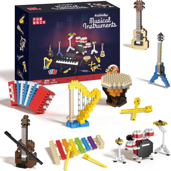 FUN LITTLE TOYS 12 Pack Musical Instrument Building Set, Mini Blocks for Kids 6-12, No Duplicates, Individually Boxed, Birthday Party Favors Goodie Bag Stuffers Classroom Prizes