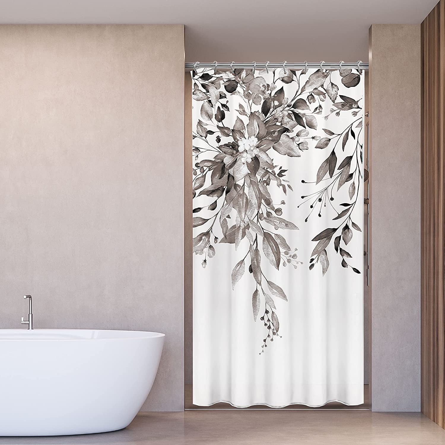 Black Eucalyptus Shower Curtain Sets, Watercolor Grey Leaves on The Top Plant with Floral Bathroom Decoration 36x72 Inch with Hooks