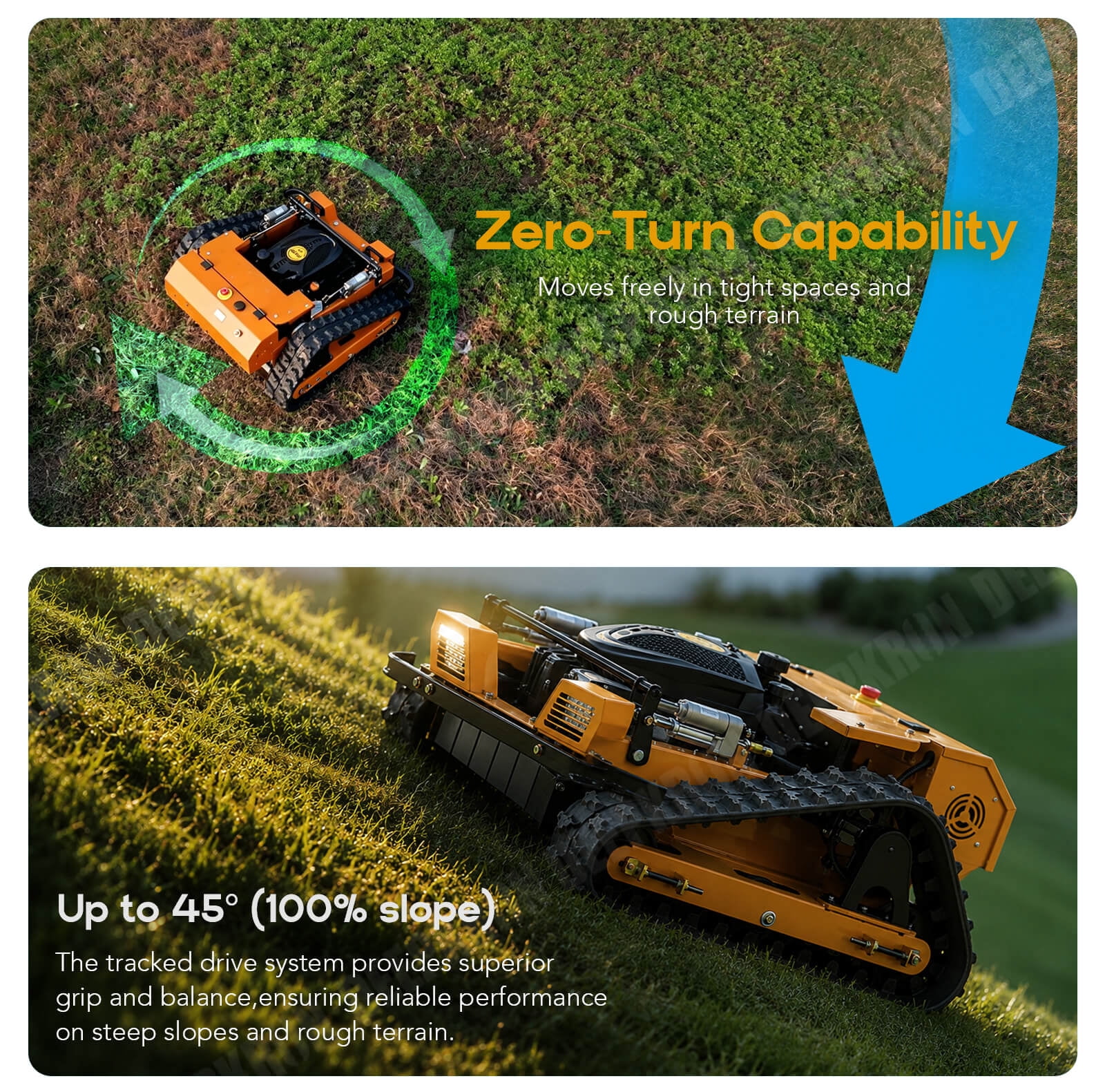225CC 9HP 22" Robotic Remote Control Gas Lawn Mower Tracked 4WD Zero-Turn Slope