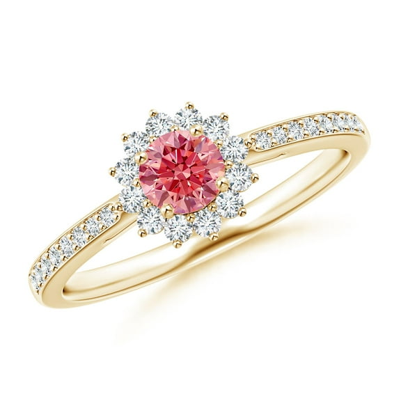 ANGARA Classic Floral Halo Lab Grown Pink Diamond Ring for Women in 14K Yellow Gold (Size-4.2mm| Color-Fancy Intense| Clarity-VS) | Anniversary, Jewelry Gift for Women | Lab-Grown Pink Diamond Ring