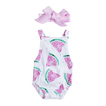 

Newborn Baby Girls Watermelon Print Ruffle Backless Romper with Headband
