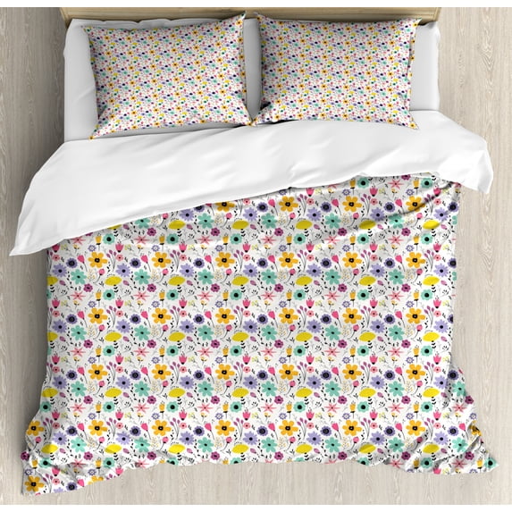 Floral Duvet Cover Set King Size, Creative Hand-drawn Different Blossom Motifs Lively Meadow Spring Field Themed Art, Decorative 3 Piece Bedding Set with 2 Pillow Shams, Multicolor, by Ambesonne