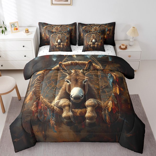 Donkey Comforter Set Dream Catchers Boho Feather Bedding Set Full,Farm Animals Bed in a Bag Exotic Bohemian Decor(Comforter+Fitted+Flat Sheet+2 Pillowcases+2 Throw Pillow Covers) 7 Pieces Bed Set