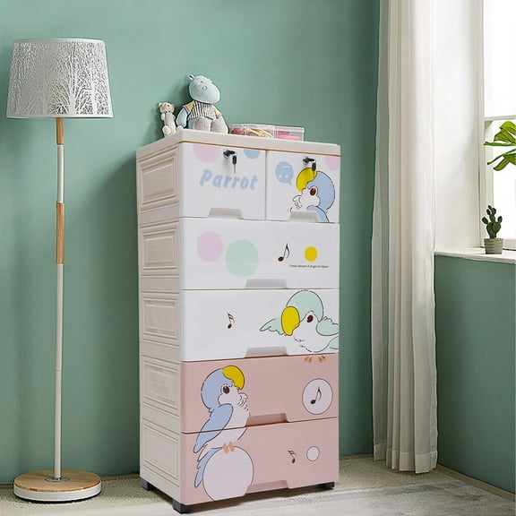 Rolling Parrot Plastic Dresser Storage Cabinet 5 Layers 6 Drawer Organizer for Living Rooms, Bedrooms