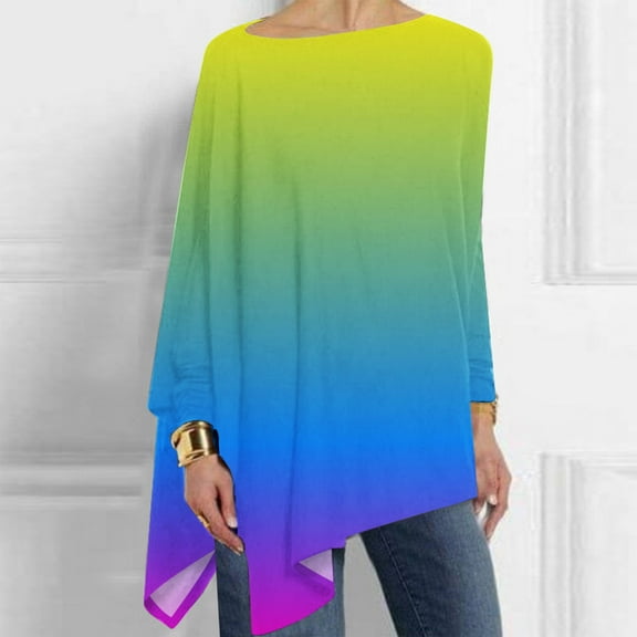 Usmixi Sale Womens Tops Womens Fashion Pullover Winter Plus Size Loose Lightweight Irregular Hem Pullover Tops Fall Trendy Gradient Print Round Neck Long Sleeve Blouses Shirts