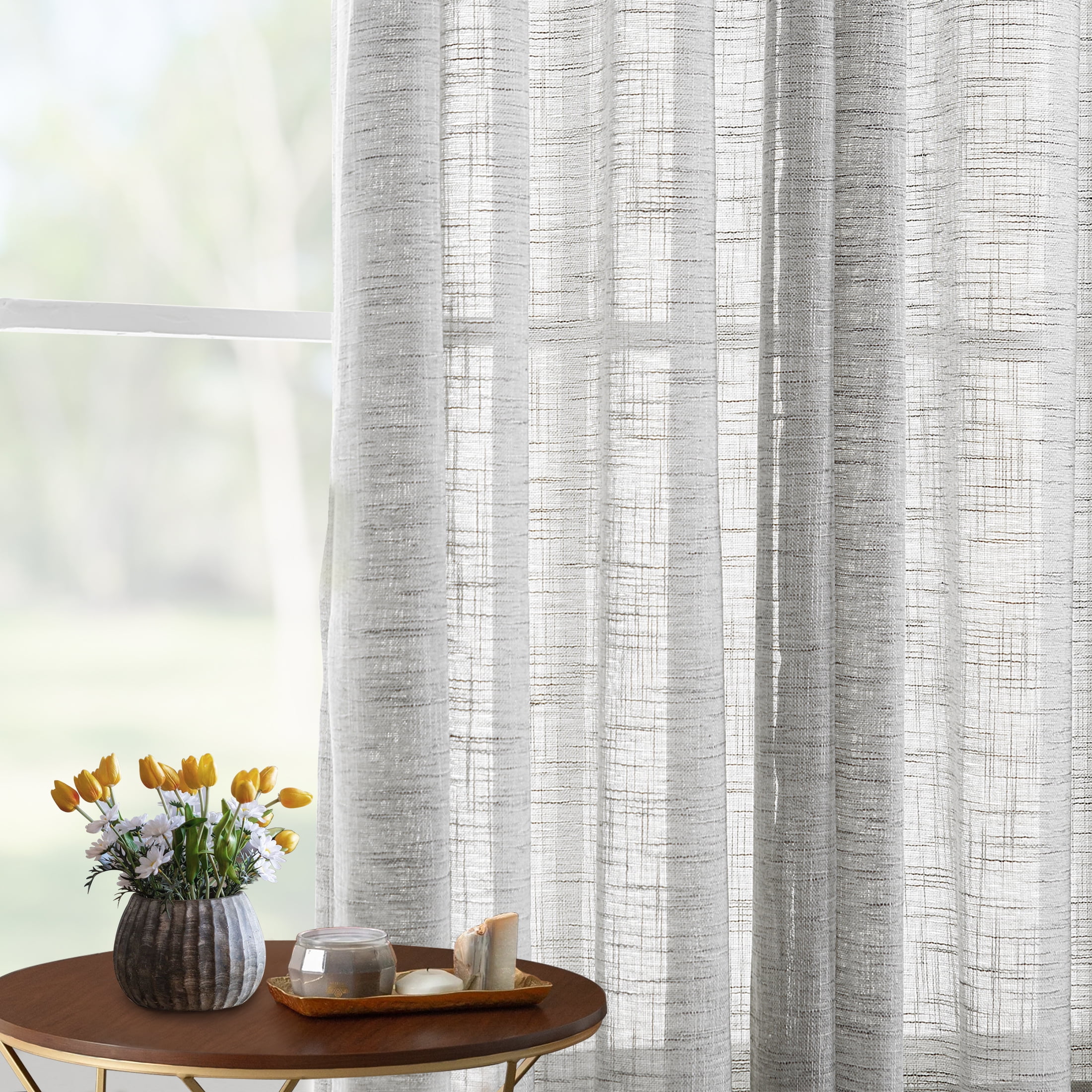 Exultantex Grey Semi Sheer Linen Curtains Privacy Rustic Drapes Panels, 52"W x 95"L, 2 Pcs, Grommet Top