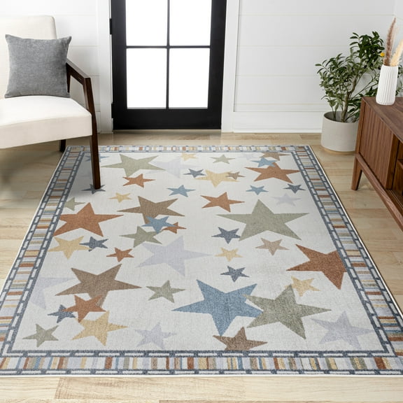 JONATHAN Y KIDS WASHABLE Star Gazer Geometric Area Rug, 4 x 6, Ivory/Blue/Orange