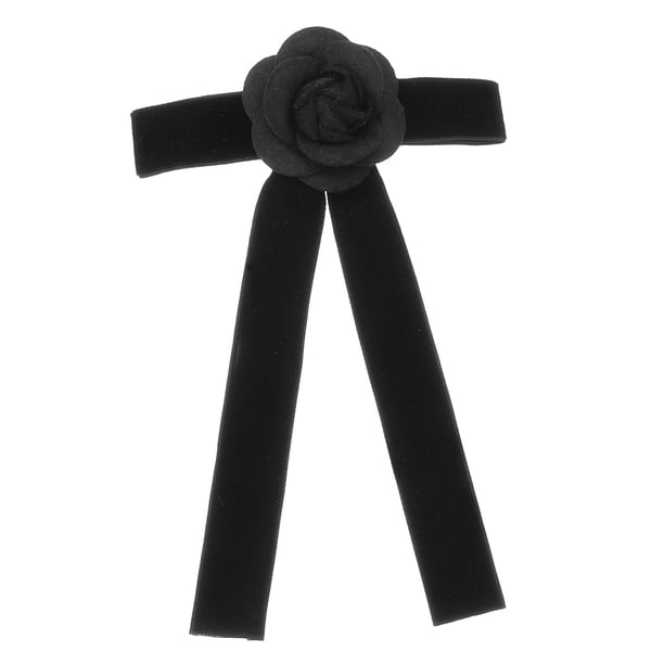 Broches de flor de camelia para mujer, broches de lana sintética con lazo y cinta, negro