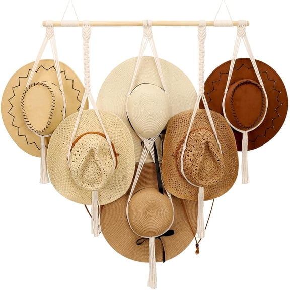Macrame Hat Hanger Boho Hat Rack for Wall Hat Holder Display Organizer Bobo Hanging Hat Organizer Storage for Wide Brim Hats