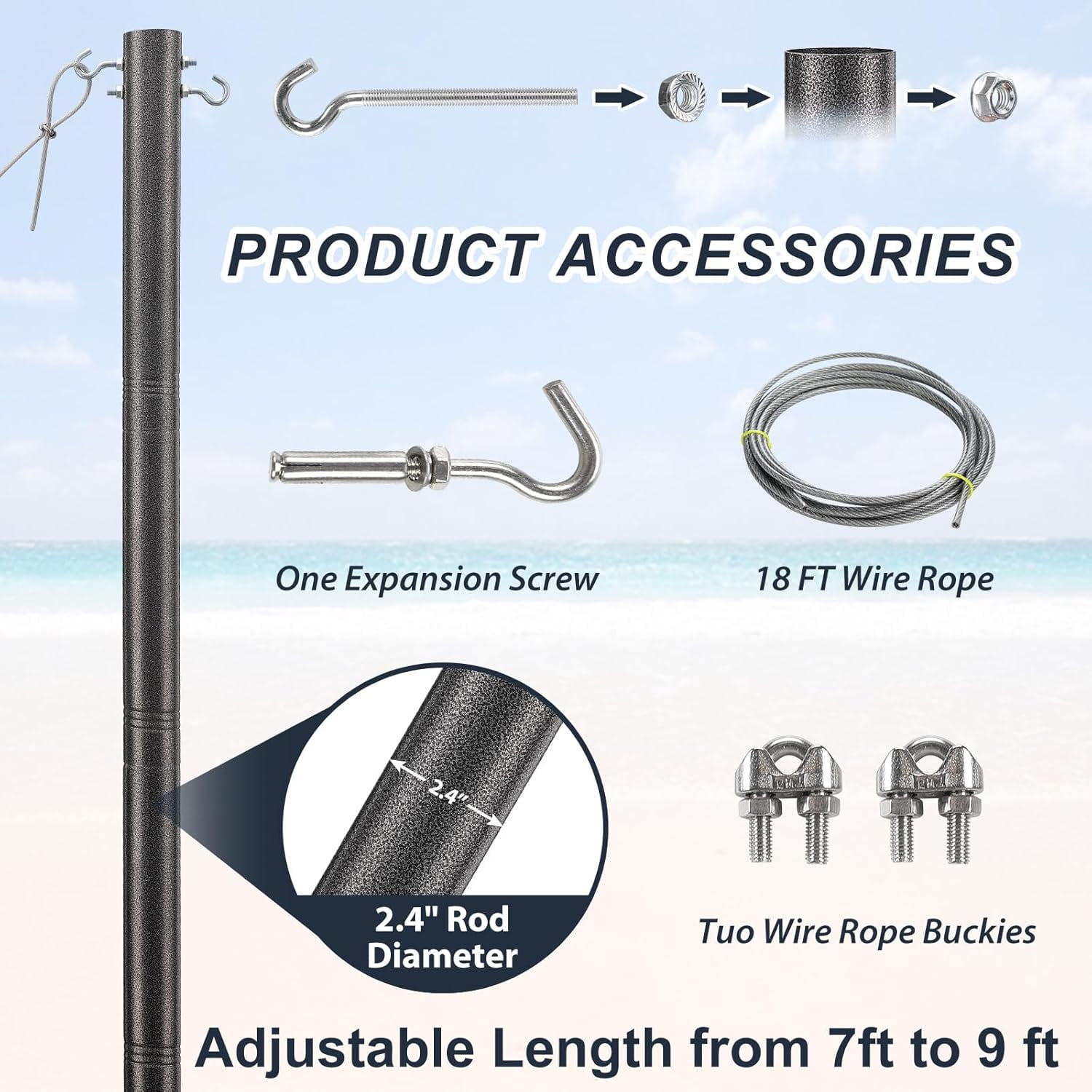 FLY HAWK Shade Sail Poles Kit, 9ft Heavy Duty Sun Shade Sail Pole Adjustable Metal, 2.5in Thick Diameter Outdoor Sail Shade Pole for Garden Patio Backyard Lawn and String Light, Black