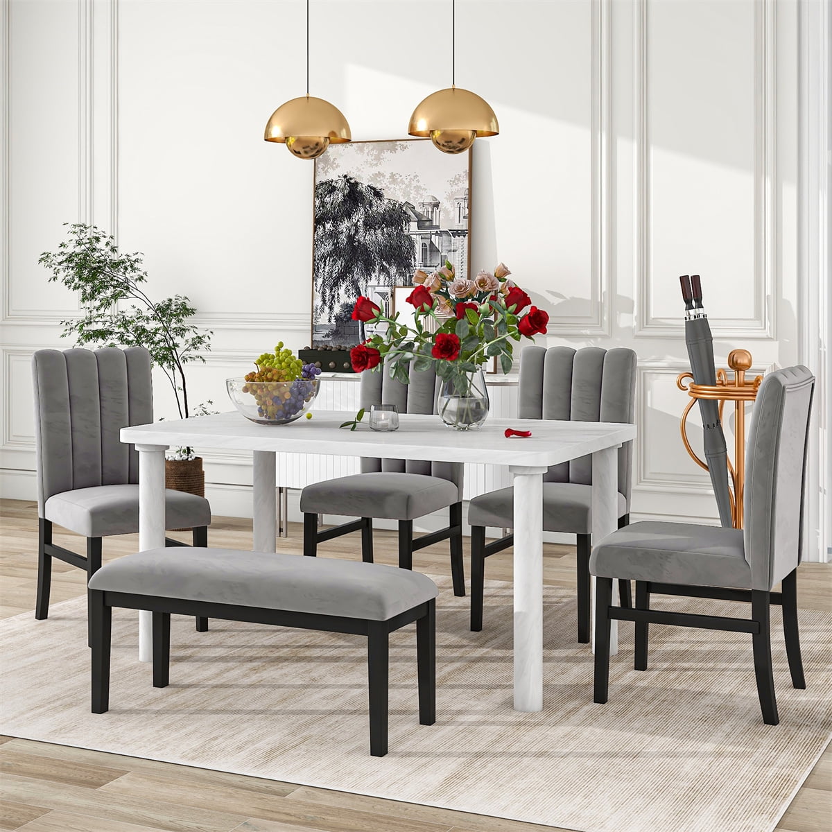 6Piece Dining Table Set, Marble Veneer Dining Table with 4 Flannelette