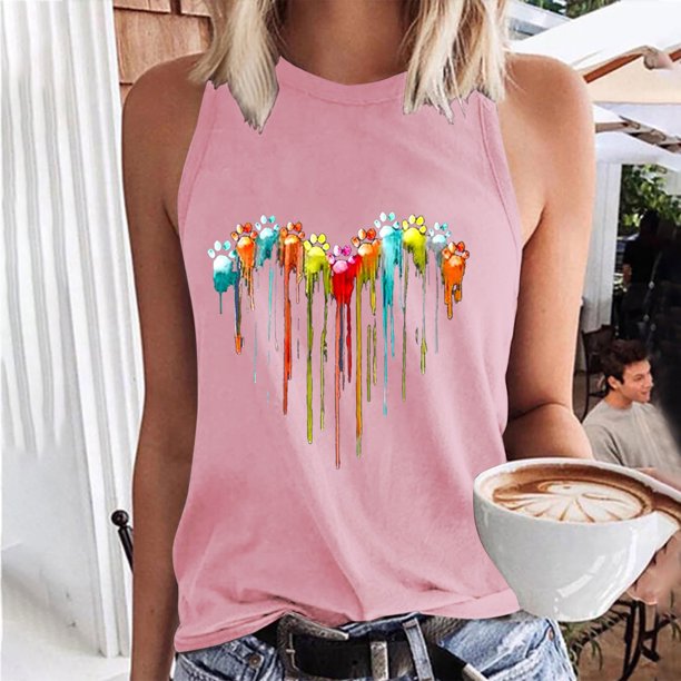 ICHUANYI Clearance Casual Women's Round Neck Summer Sexy Gradient Print Regular Women's Sleeveless Top(Pink, M) ICHUANYI WER2023080902926