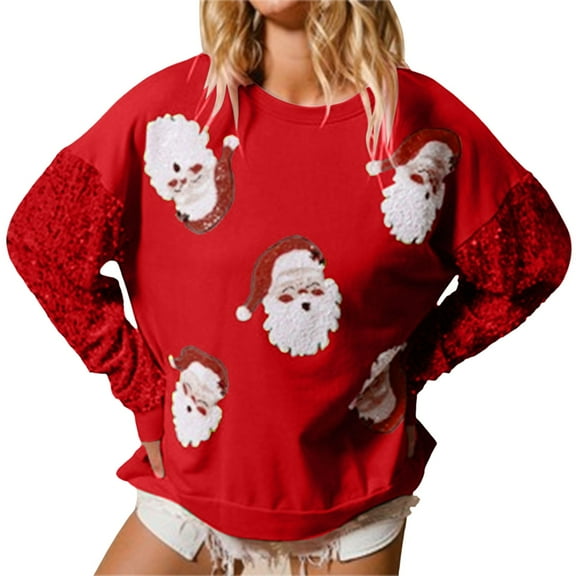 Wang6 Womens Christmas Sweatshirts Trendy Santa Printed Crew Neck Tshirts Causal Xmas Sequin Long Sleeve Pullovers Festive Tops Red XL