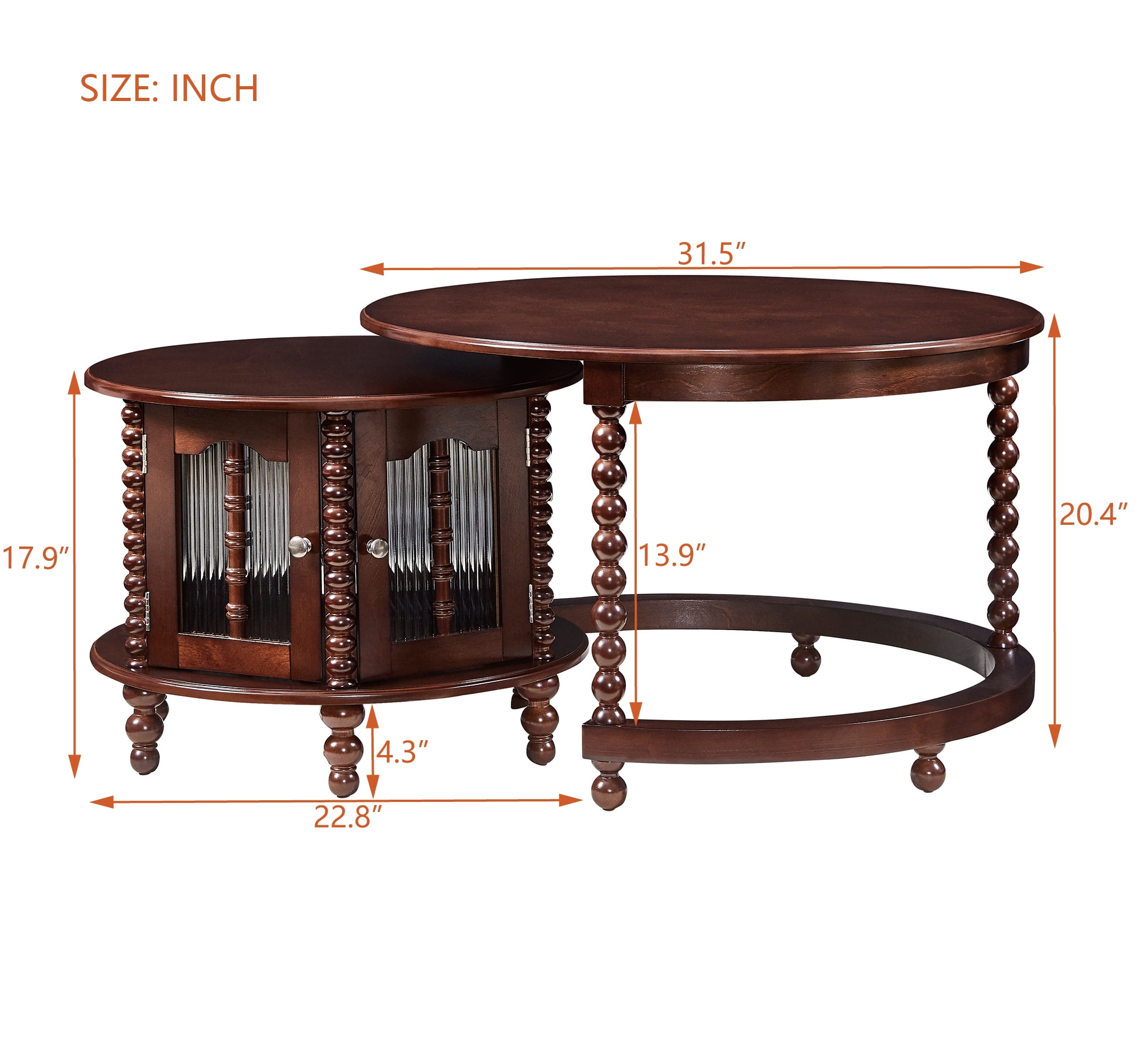Euroco Vintage Round Nesting Coffee Table, Six Bamboo-shaped Decorative Glass Doors, Retro Beaded Legs, Walnut, 31.5"