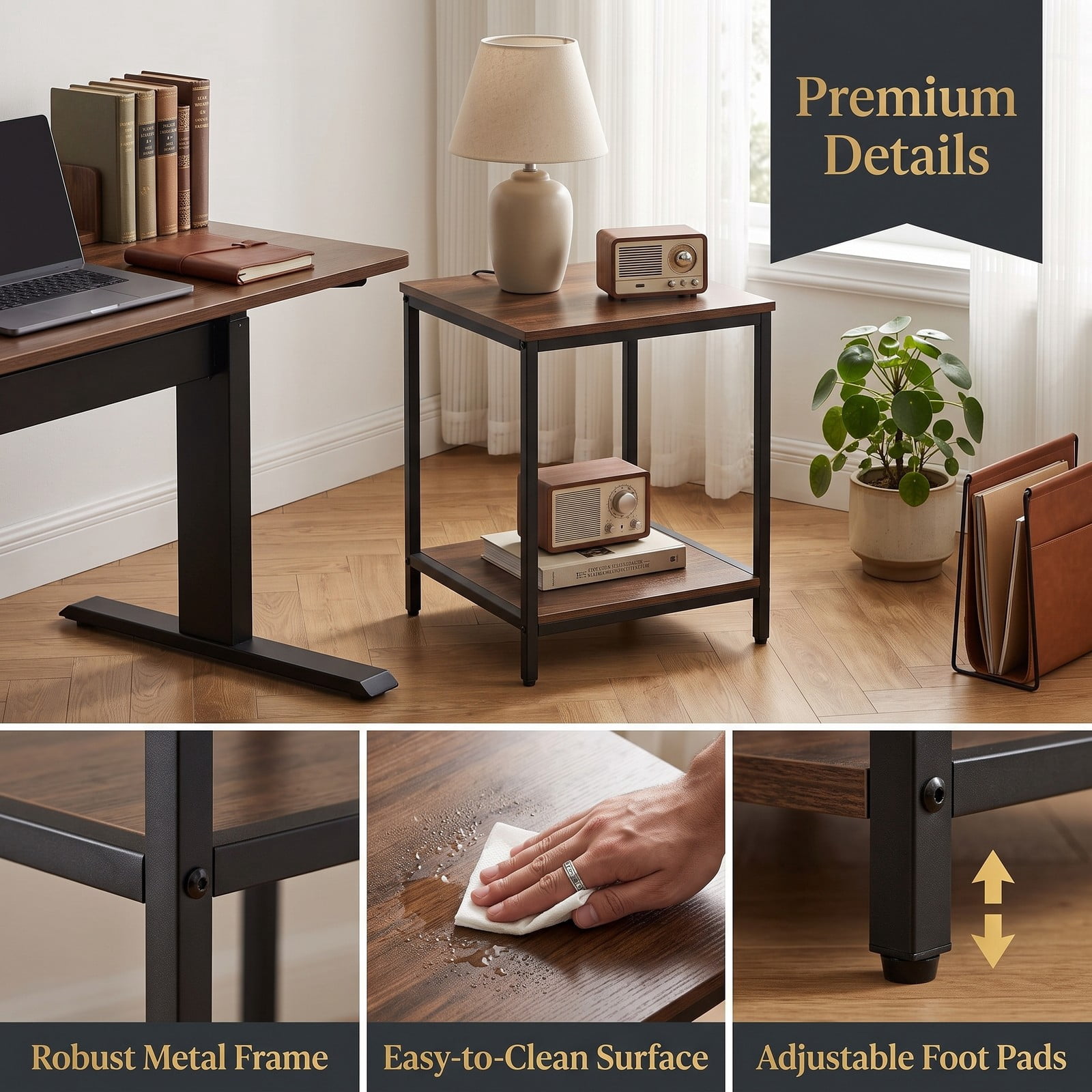 Furnibear Set of 2 Round Side Table with Storage Shelf and Metal Frame, 2-Tier Nightstand End Table for Living Room Bedroom Small Spaces, Rustic Brown