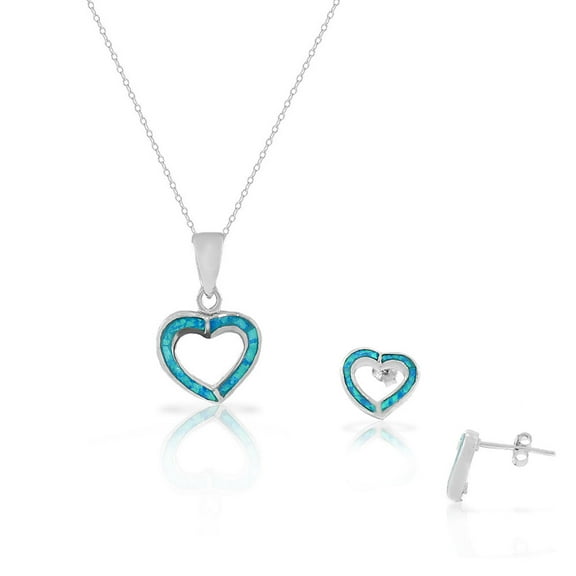 925 Sterling Silver Blue Turquoise-Tone Simulated Opal Love Heart Stud Earrings Pendant Necklace Set