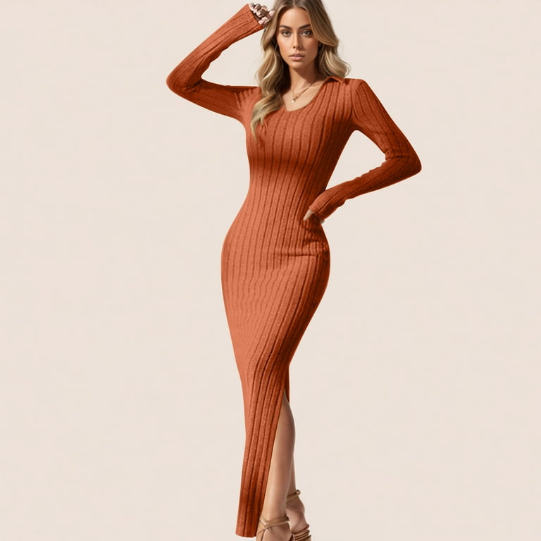 OSFVNOXV Sweater Dress for Women Long Sleeve Textured Ribbed