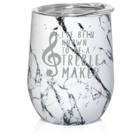 

12 oz Double Wall Vacuum Insulated Stainless Steel Stemless Wine Tumbler Glass Coffee Travel Mug With Lid Treble Maker Funny Music Teacher (Black White Marble)