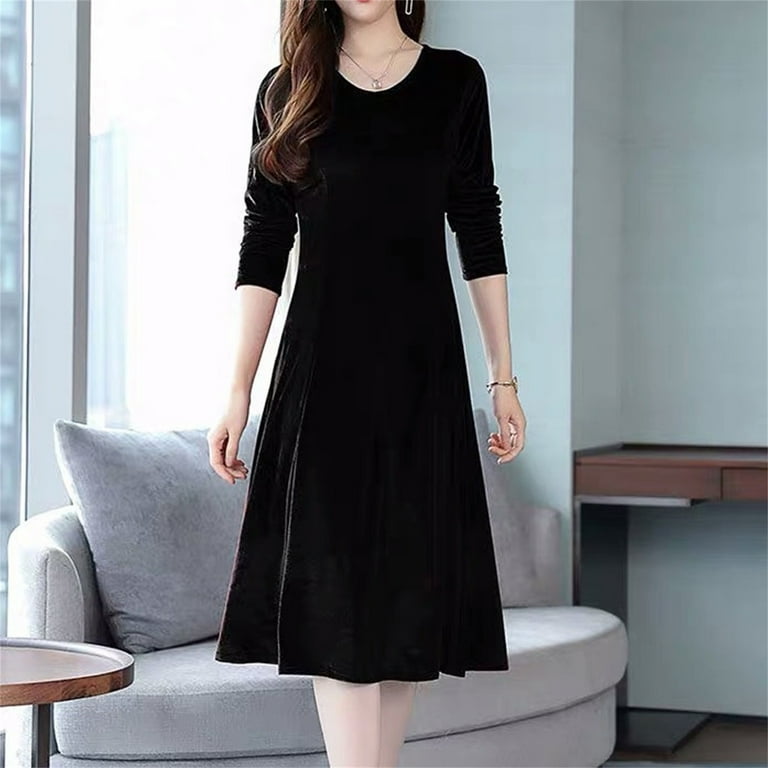 2024 New Winter Women Neck Velvet Summer Dresses for Teen Girls Long Sleeve Slim High Comfy Dress for Women Waist Midi Dress Cocktail Mid Length Dress Casual Dresses Knee Length for Women