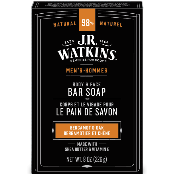 J.R. Watkins Men's Natural Body & Face Bar Soap, Bergamot & Oak, 8 oz