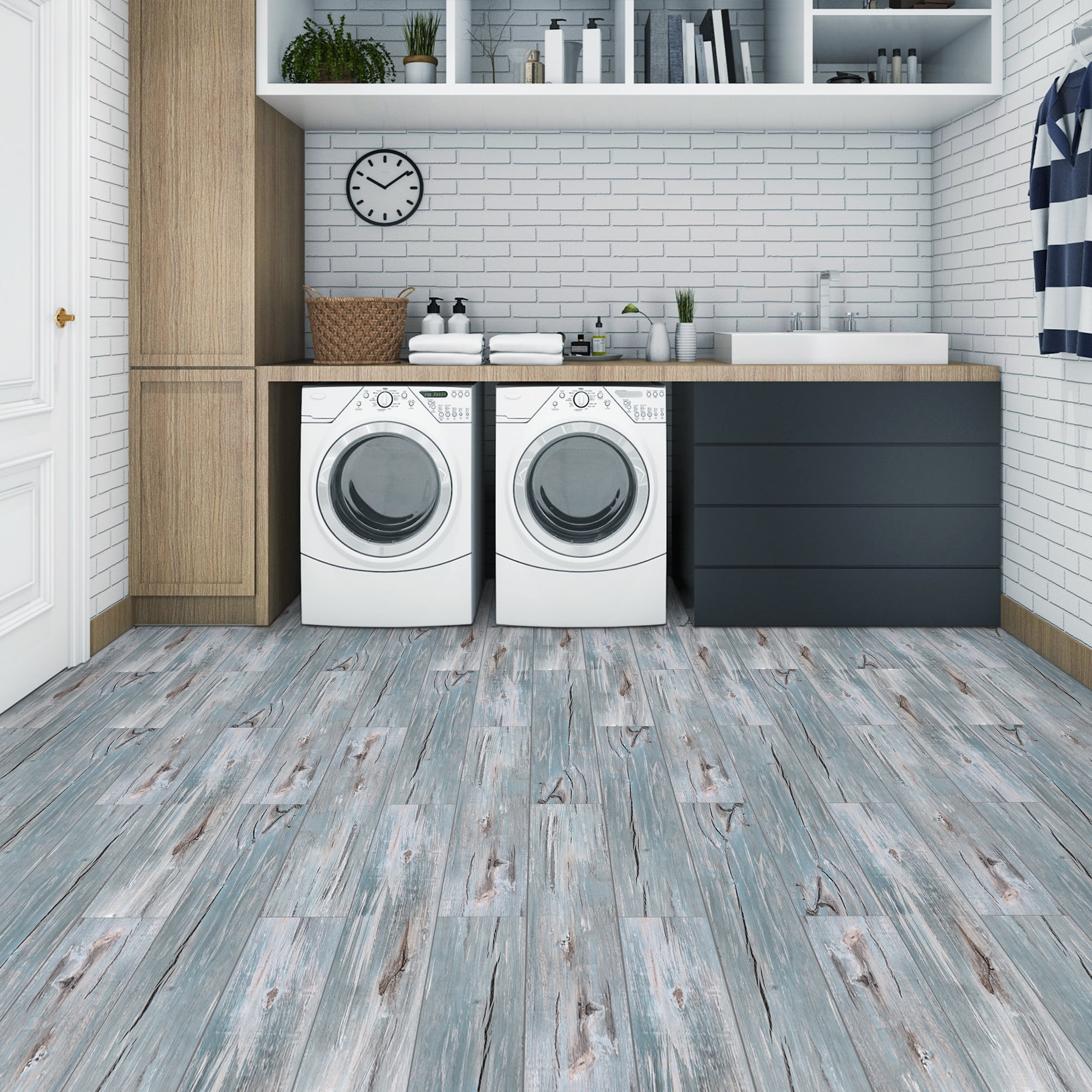 Abyssaly 40 Pcs Wood Vinyl Flooring Tile Peel and Stick Floor Tile 35.8 x 5.9 In Self Adhesive Bathroom Floor Tiles Waterproof Thick Removable Flooring Tiles