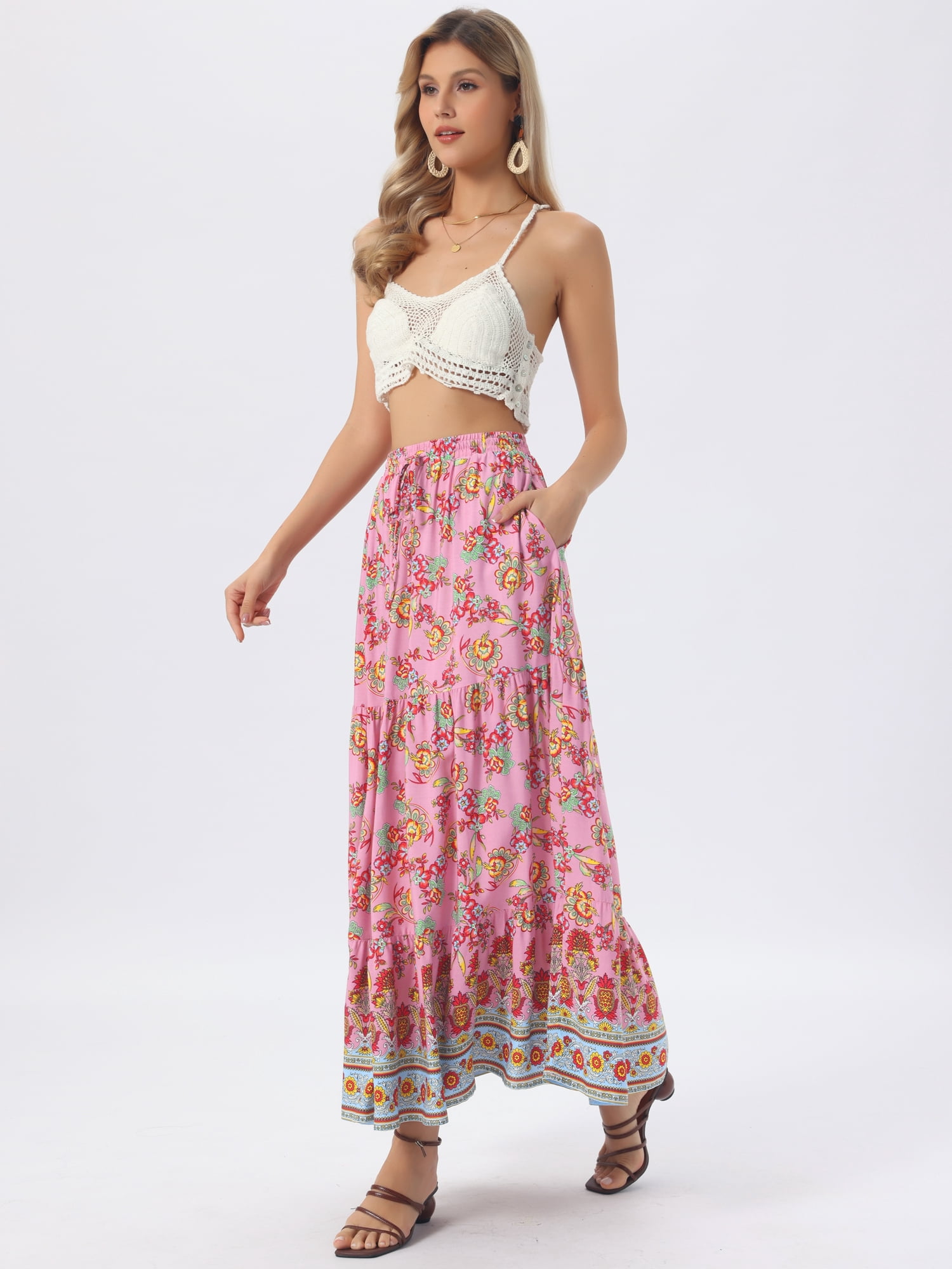 DARING DIVA Women's Boho Flare Floral Skirt X-Large Dark Pink