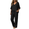 thumbnail image 2 of BRELIL Women's 2 Piece Sets Summer Wide Leg Pants V Neck Short Sleeve Tops Casual Lounge Matching Sets Solid Boho Vacation Travel Outfits Loose Tracksuit, Black 2XL, 2 of 6