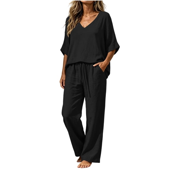 2 Piece Linen Set for Women Dressy Casual Travel Outfits with Pockets Plus Size Airport Outfits Solid Color Matching Sets Short Sleeve V Neck Shirts Drawstring Long Pant Suits Loungewear