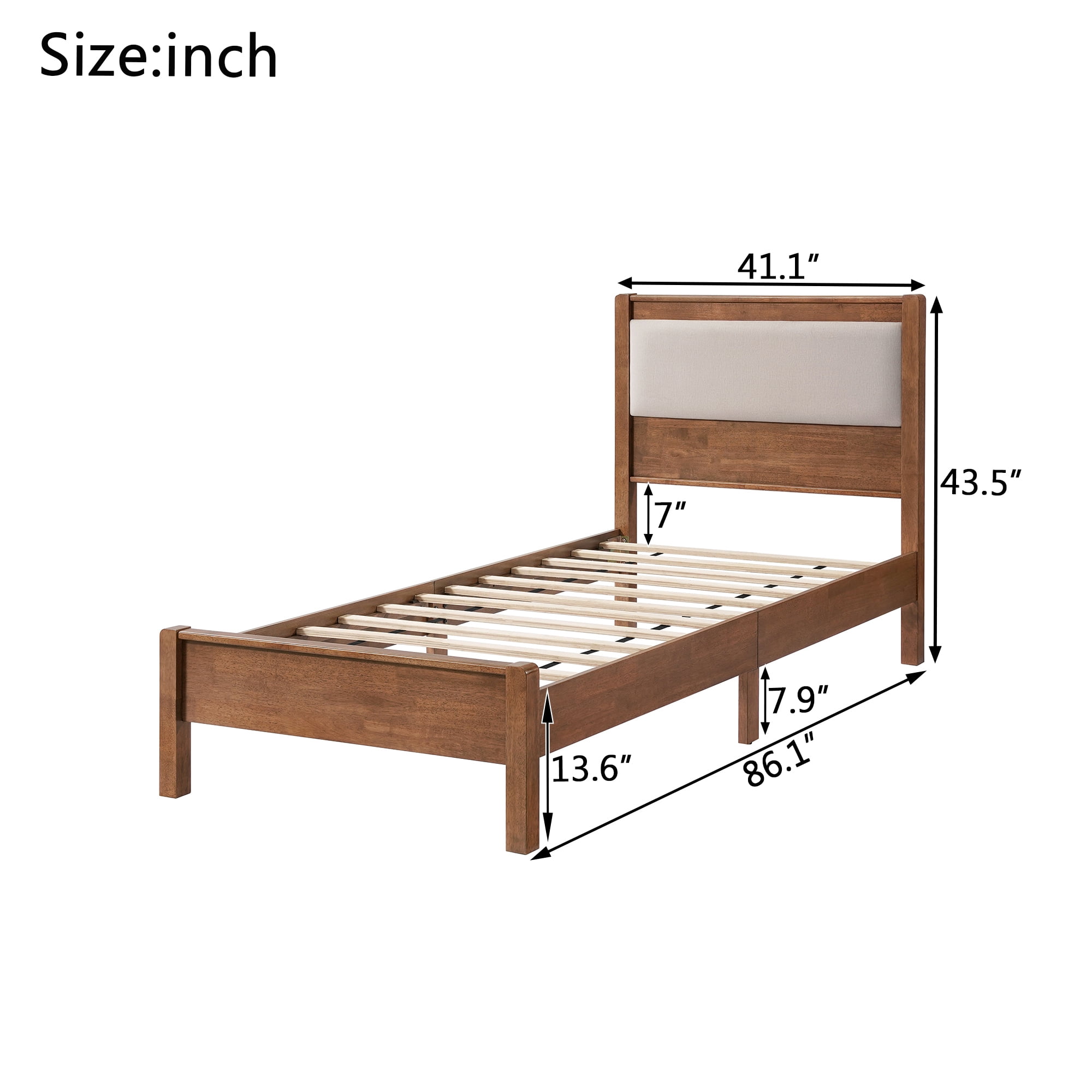 HOQBN Twin XL Solid Rubberwood Bed Frame with Upholstered Headboard, Reinforced Central Support Legs for Bedroom Brown