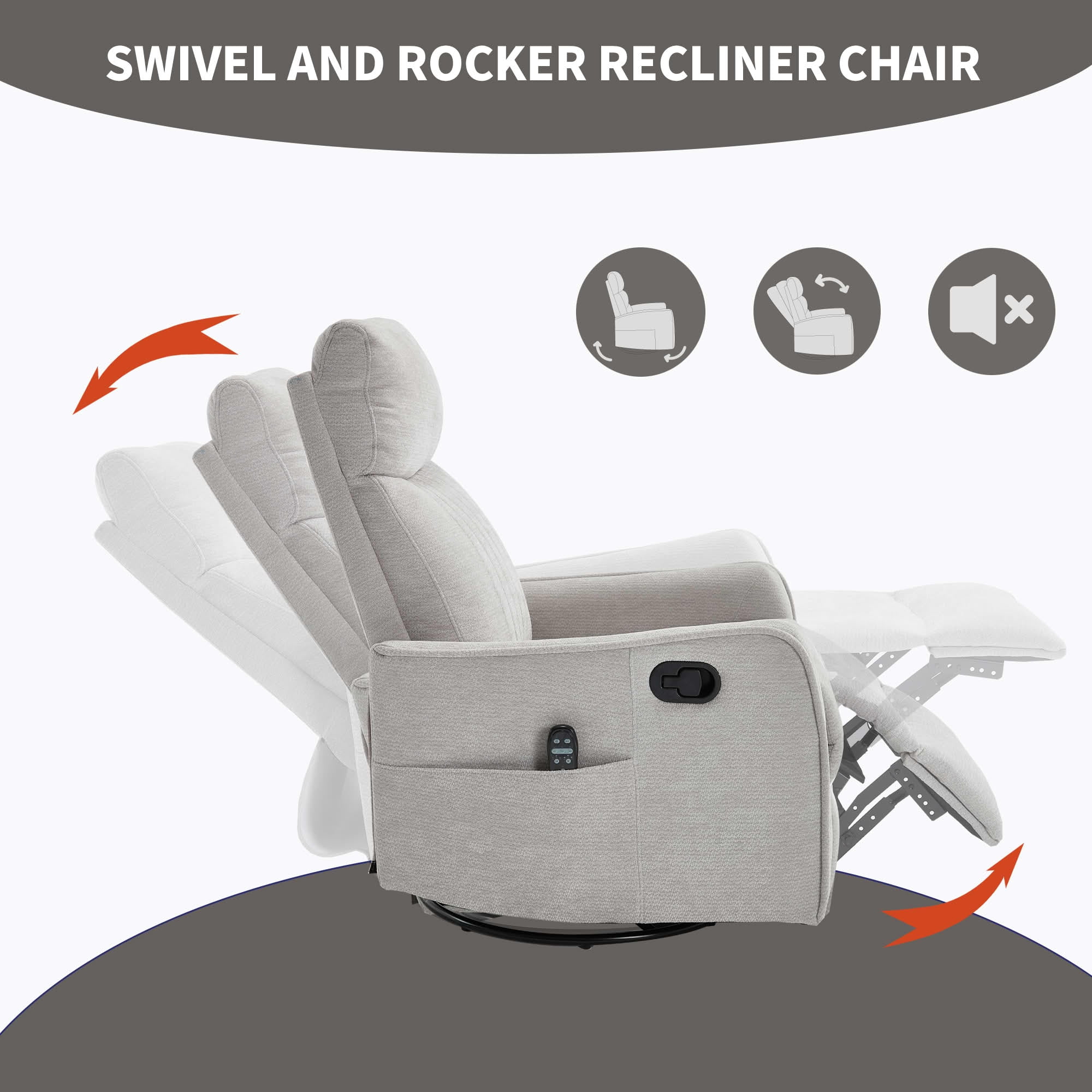 MAYEERTY Khaki Chenille Heat Massage Recliner Chair, 360° Swivel Rocker for Living Room, 26x35x39in